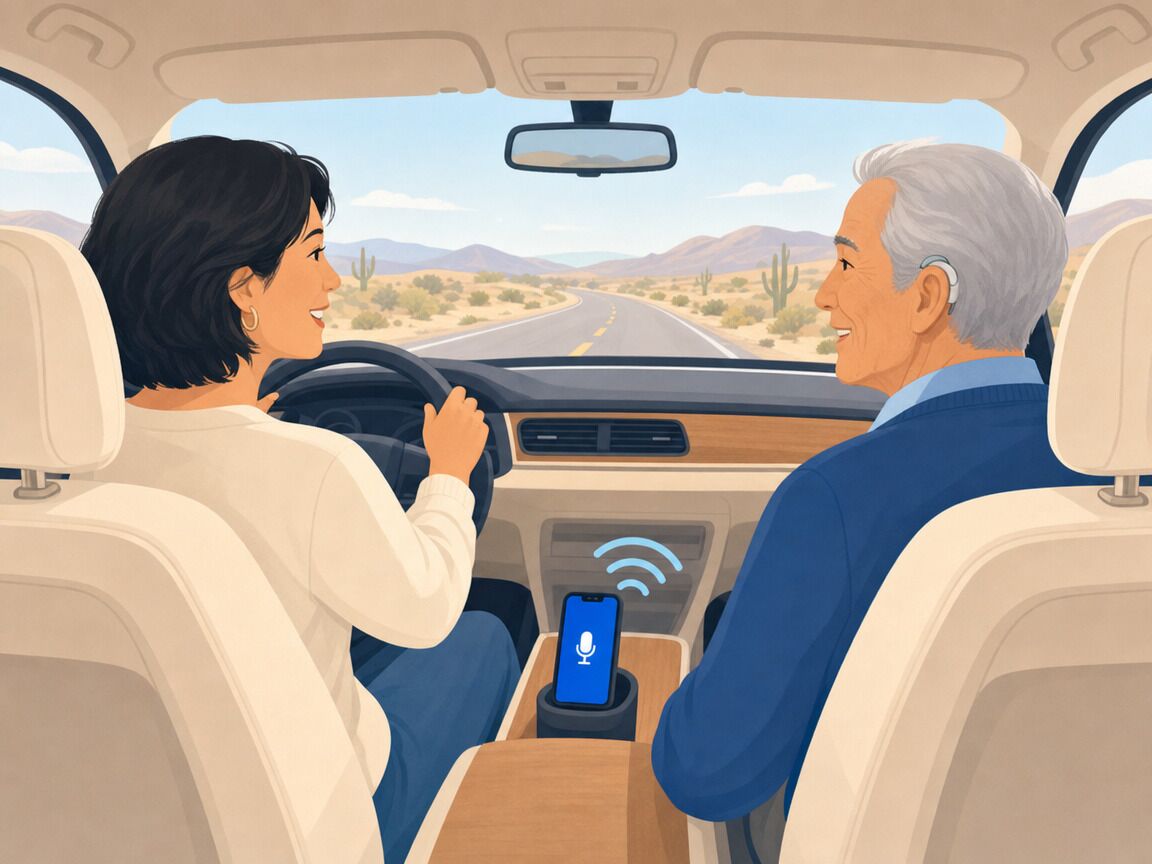 On a drive, the driver talks while a phone in the cup holder picks up her voice. Her father listens from the passenger seat.