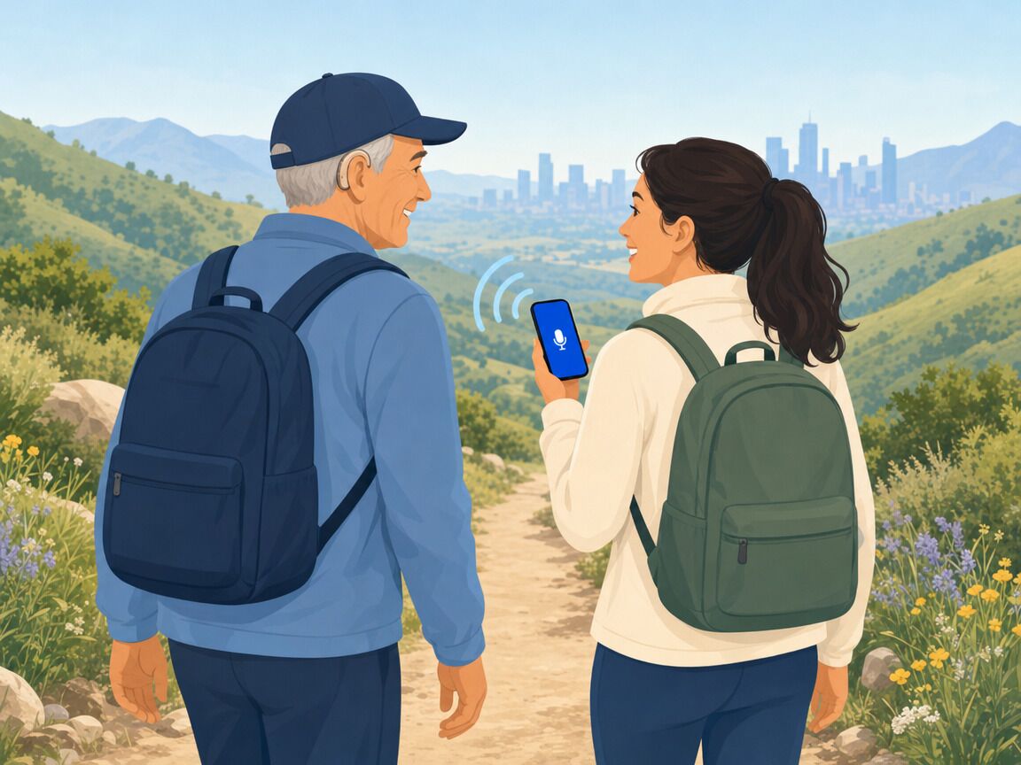 Two friends walk a trail together, backpacks on. One listens through earbuds while the other talks.
