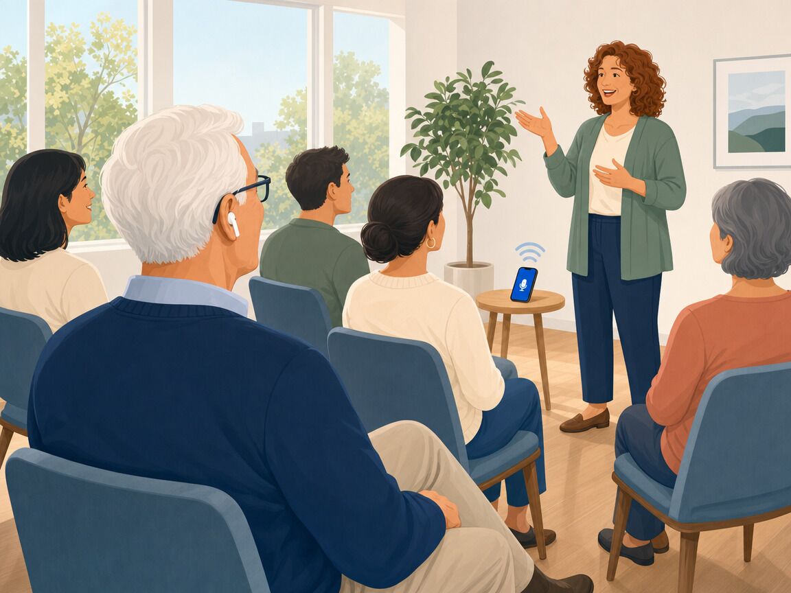 A phone sits on a small table near a woman giving a talk. A listener a few rows back hears her through earbuds.